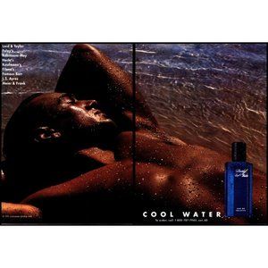 1995 Davidoff Cool Water Cologne 2 Page Vintage Print Ad Shirtless Man Beach Art